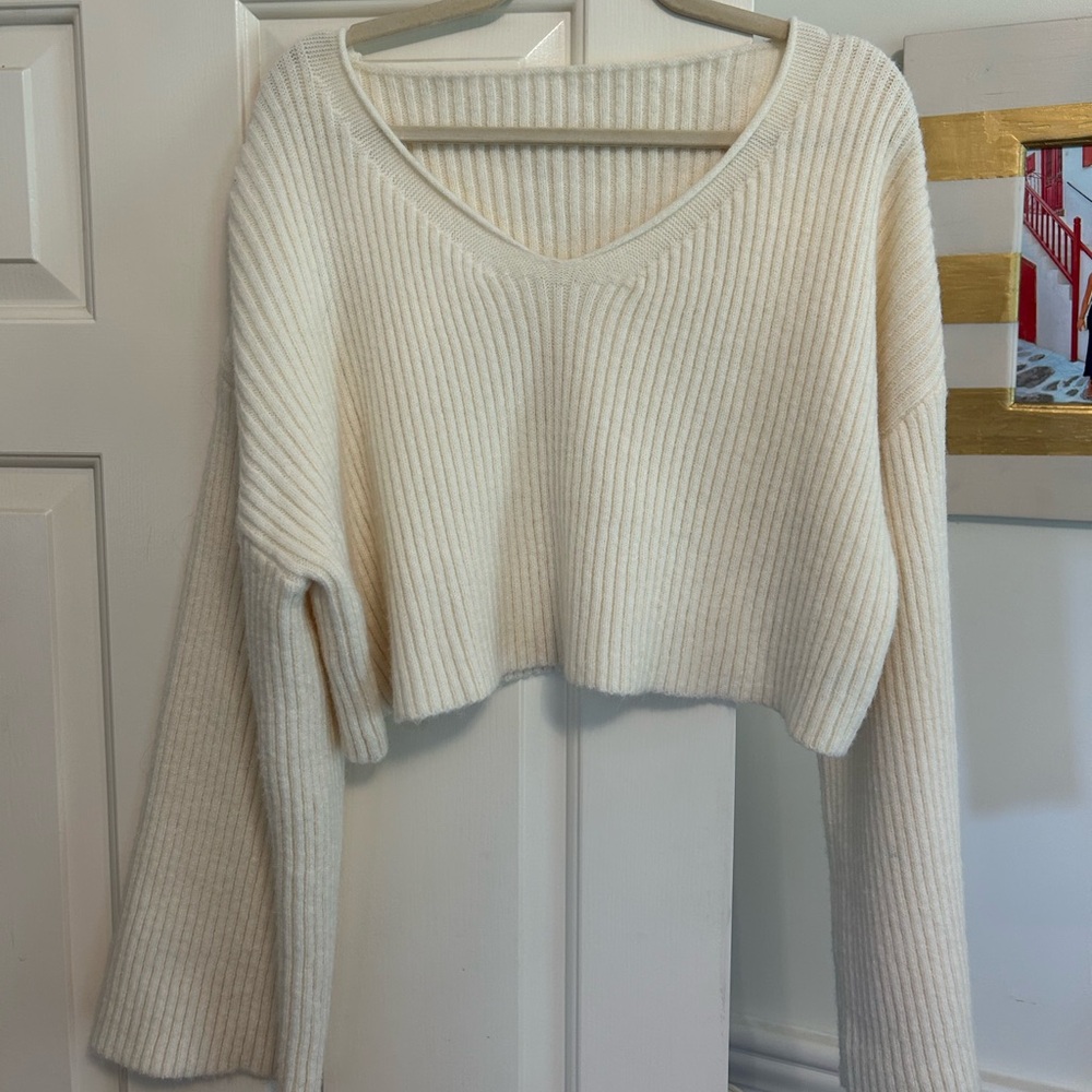 SHEIN Cream V-Neck Ribbed Sweater